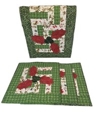 Handmade Quilted Christmas Table Topper Set w/ Runner Holly Patchwork Holiday