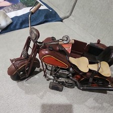 Vintage Style Metal Motorcycle w/ Sidecar Diecast Model, Brown/Red