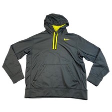 Nike Therma-FIT Hoodie Mens Medium Charcoal Grey Neon Yellow Swoosh Pullover