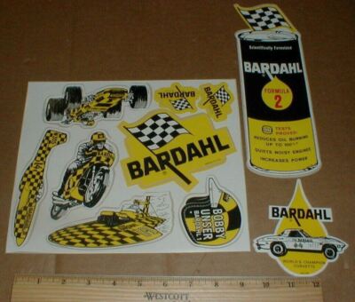 Vtg old Bardahl Formula 2 Engine Oil Racing Decal Sticker Lot Checkered flag