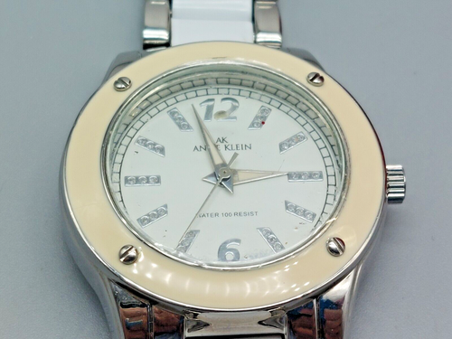 Signed Ann Klein Watch Silver Tone Tan Enamel Case White Metal Woven Band 7" - Picture 4 of 7