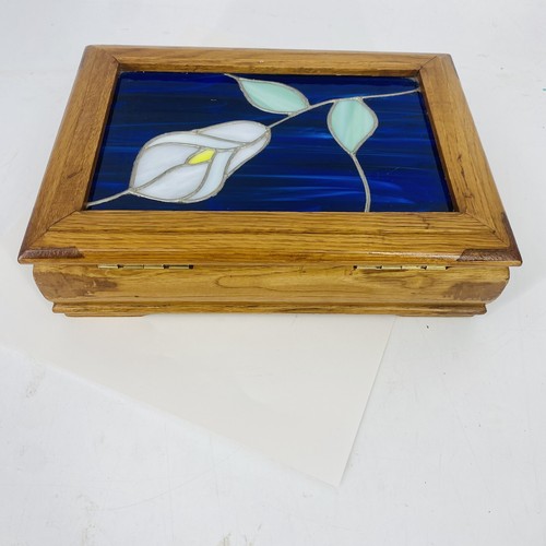 Vintage Solid Wood Stained Glass Cala Lilly Blue Floral Art Deco Mid Century Mod - Picture 7 of 7