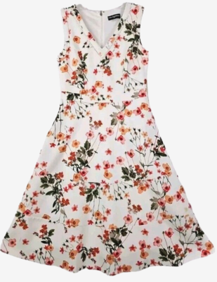 karl lagerfeld fit and flare dress Karl Lagerfeld Paris Women's Floral Border Linen Puff-Sleeve Dress - Soft White Multi main image 1