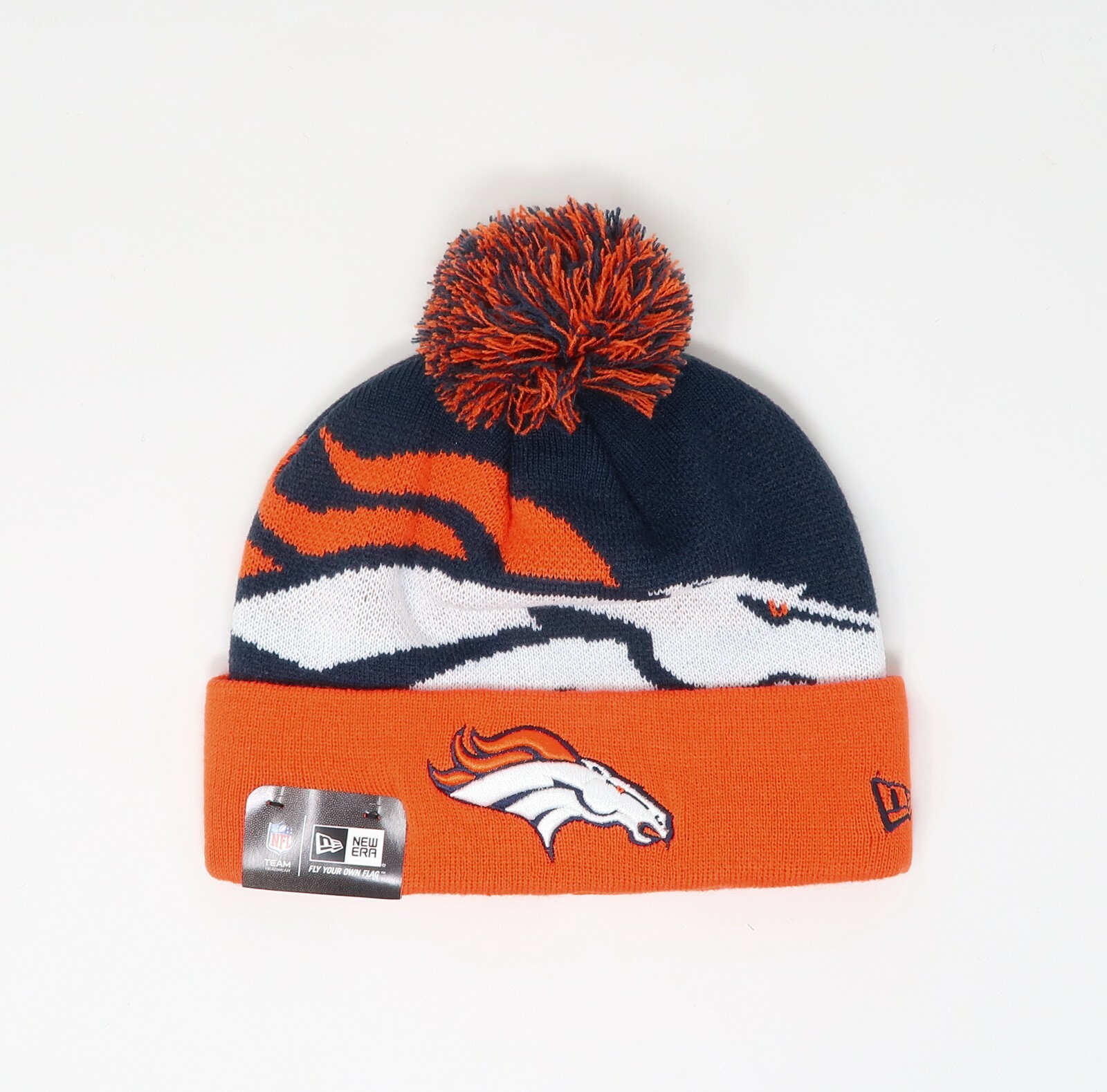 New Era Men Women Beanie NFL Denver Broncos Navy Blue Orange Biggie Pom Knit Hat