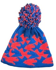 Vintage Deep Powder Designs Blue Red Knitted Pom Pom Hat Made In USA