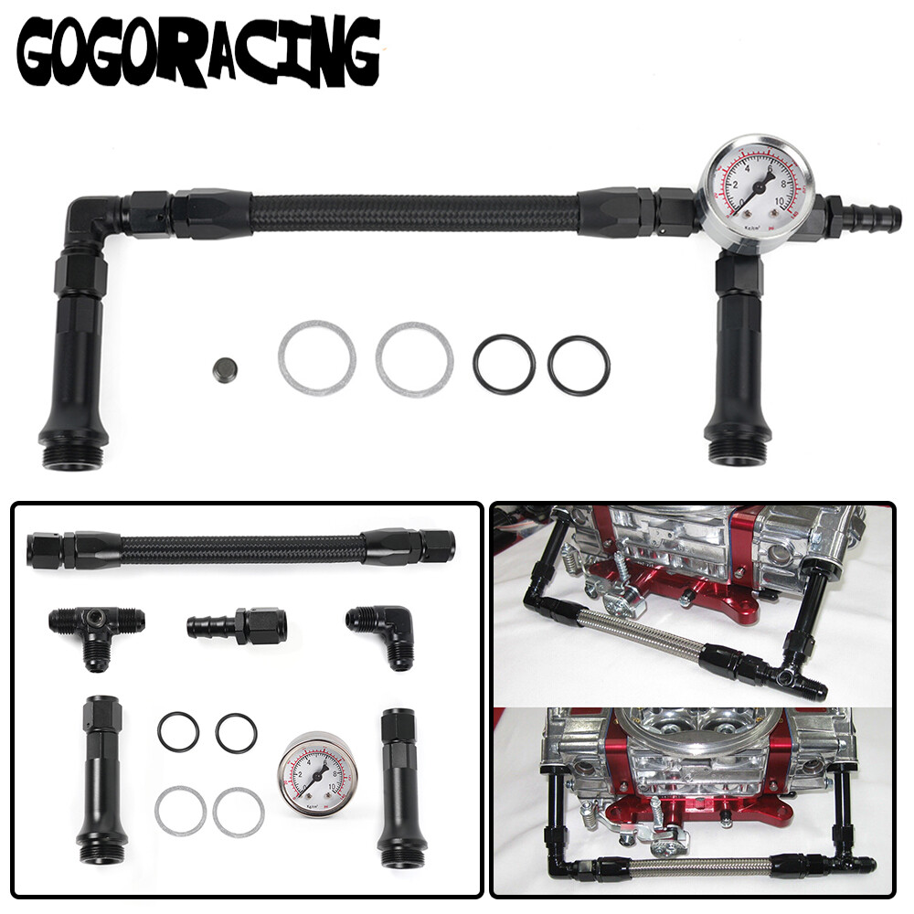 AN6 Braided Dual Feed Carb Fuel Line Pressure Gauge For 4150 Holley