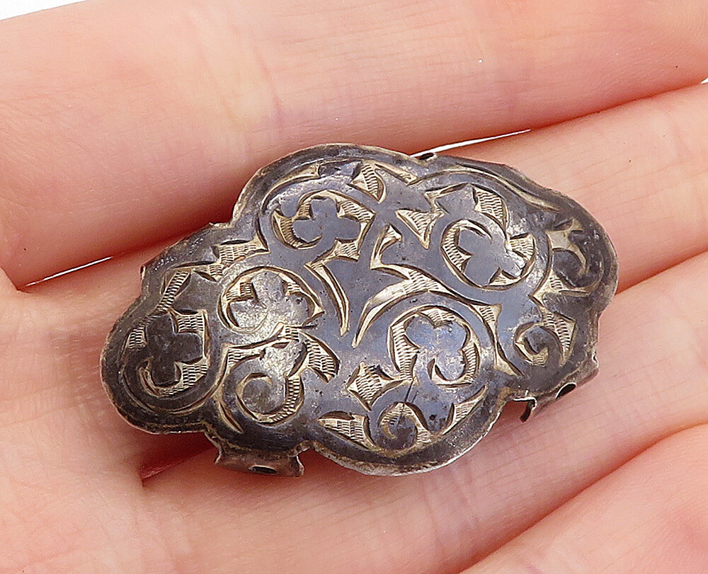 JAPAN 925 Silver Vintage Antique Two Tone Floral Pattern Brooch