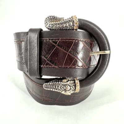 Carlisle Women's Leather Crocodile Head Tail Rhinestones Buckle Belt Brown XS