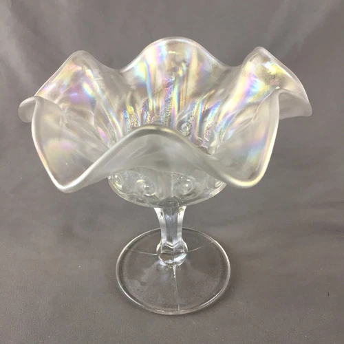 Antique Dugan White Carnival Glass Constellation Frosted Iridescent 5" Compote