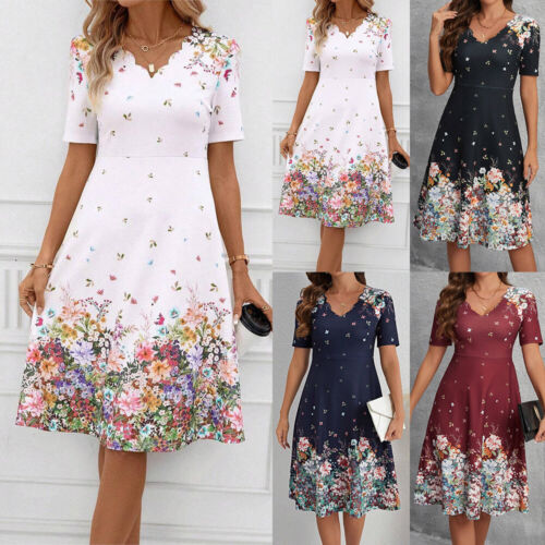 Boho Women Short Sleeve V-Neck A-Line Printed Dress Ladies Beach Sundress Hawaii