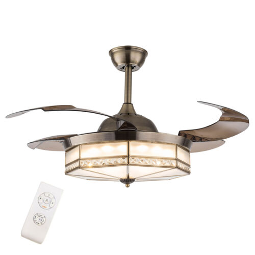Modern Classic Ceiling Fan with Light Retractable Blades Remote 3 Color Lamp New