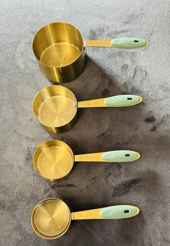 4 Piece Gold Stainless Steel Measuring Cups / Mint/Sage Green Silicone Grip 