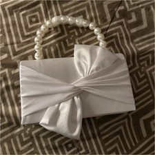 White Satin Clutch Bag with Pearl Handle and Bow Accent Bridal Handbag
