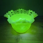 Vtg Fenton Glass Lace Edge Basket Weave Dish Small Bowl Glow Uranium Vaseline