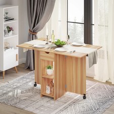 Mondeer Folding Dining Table Drop Leaf Rolling with Drawer & 2 Open Shelves Oak