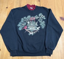 Vintage Morning Sun Squirrel Sweatshirt L Black Christmas Collared Made In USA
