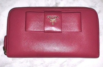 PRADA Saffiano Fiocco Bow Zip Around Wallet in Peonia (dark pink) Good Condition