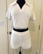 White Textured Knit 2-Piece Set Collared Short Sleeve Crop Top Shorts