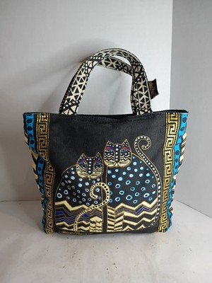 Laurel Burch Small Cat Tote Colorful Zippered Purse Black Blue Gold Accents 