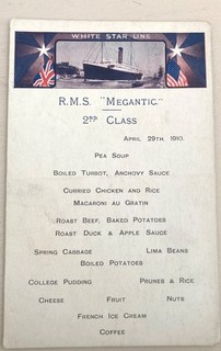 White Star Line RMS Megantic vintage menu card from 1910