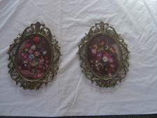 2 quadri vintage MCM grandi ovali metallo ornato cornice floreale vetro bolla Italia 13x10