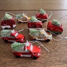 Lot of 8 Ornaments Red Pickup Trucks w/Tree  Retro Camper Trailer