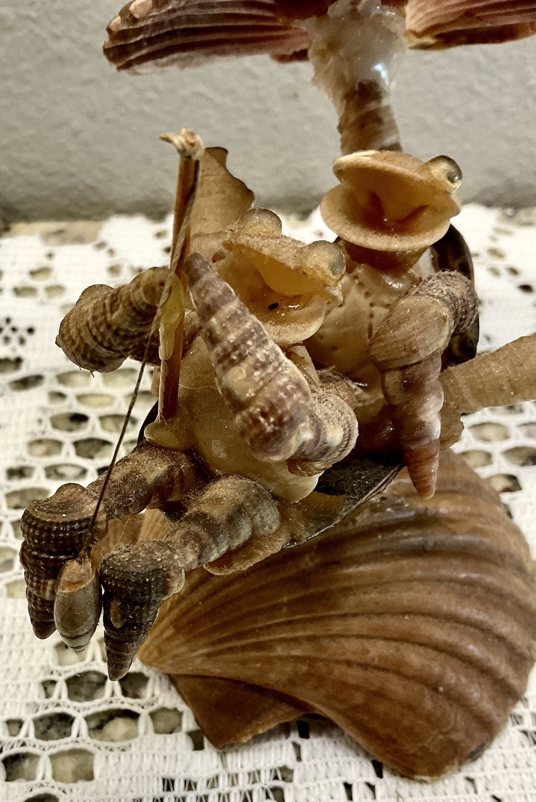 Vintage Hand-Made Sea Shell Fishing frogs In Boat.  Very Old