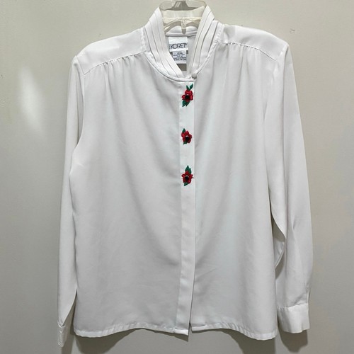 Vintage KORET White Blouse Size 10 Floral Embroidery Pleated Collar - Picture 7 of 7