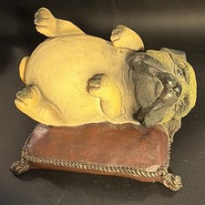Pug Bull Dog Heavy Figurine/Sculpture Resting on its Back on Brown Pillow