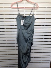NWT CIDER Women s Solid Satin Square Neck Cami Blue Midi Ruched Dress Sz Large