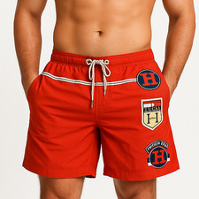 VTG Tommy Hilfiger Mens Swim Trunks Logo Patches Mesh Lined Red Y2K Size XL