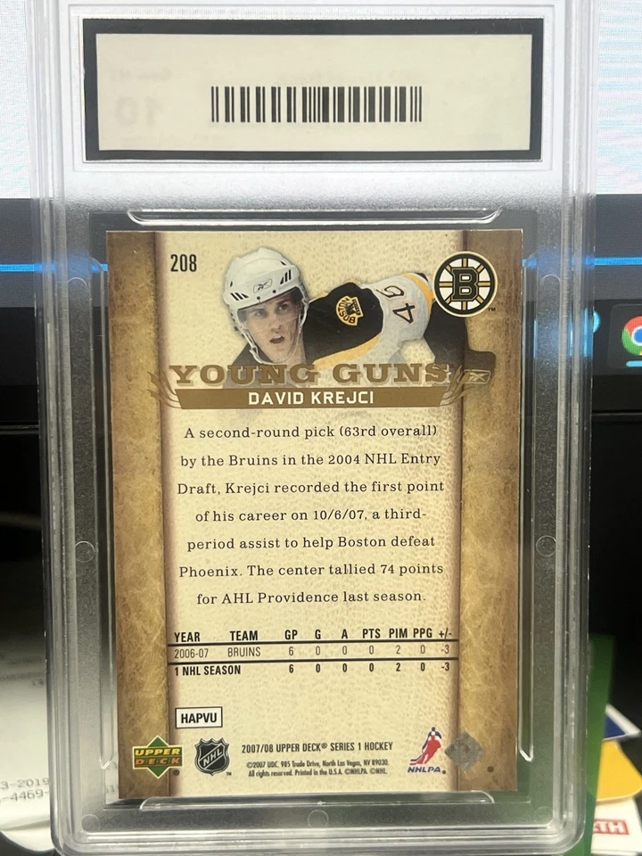 2007-08 Upper Deck - David Krejci #208 Young Guns Boston Bruins Gem MT  10 - Image 2 of 2
