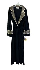 Deadstock Vintage 70s Rockabilly Cottage Bath Robe Black Floral Contrast Medium