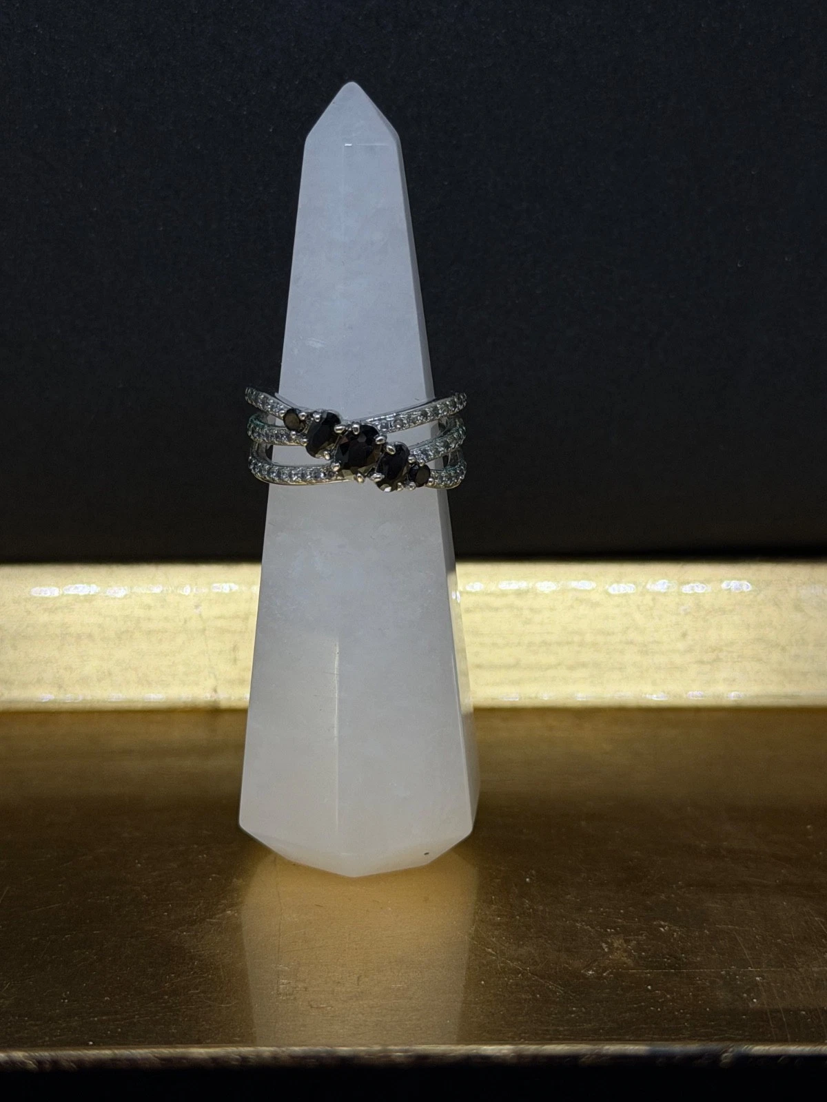 Bomb Party Ring Sz 9 "Cross my Heart" Black Onyx & CZ on Rhodium - product detail image 2