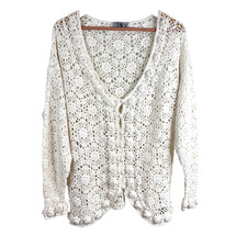 VTG 90s Crystal Kobe White Crochet Cardigan L Floral Appliqué Granny Cottage