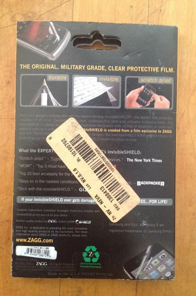 Protector de Pantalla Protector Invisible ZAGG para Samsung Epic 4G Galaxy S Pantalla Foto 2 de 2