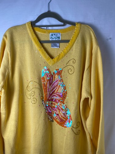 The Quacker Factory NWT Size 1X Yellow Butterfly Sequin Sweater Velvet Neck Line - Picture 6 of 14