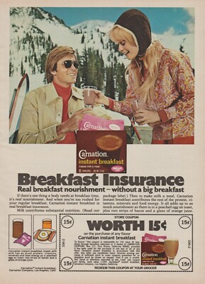 1972 Carnation Instant Breakfast - Downhill Snow Ski Couple - Print Ad Photo
