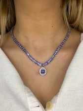 AIGL 14K WHITE GOLD TANZANITE & DIAMOND NECKLACE 7X5-10X8 MM