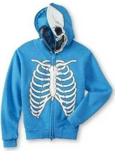 Boys Hoodie Zip Up Face Mask Costume Jacket Blue White Skeleton