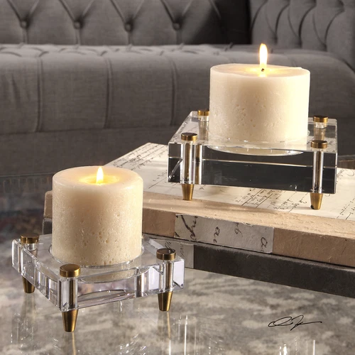 Luxe Minimalist Crystal Block Candle Holder Set 2 | Simple Square Gold Pillar - Picture 2 of 4