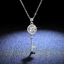 1.00CT Round Cut Real Moissanite Women's Key Charm Pendant 14k White Gold Plated