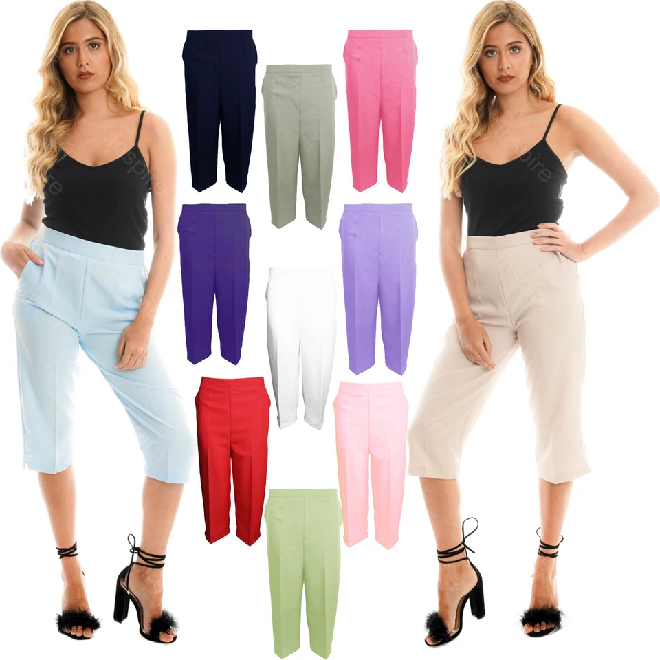 LADIES WOMENS ELASTICATED WAIST THREE QUARTER 3/4 CAPRI CROPPED SUMMERS TROUSERS