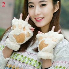 Women Fleece Glove Girl Mitten Half Finger Gloves Mitts Cute Bear's Paw Warm SPW