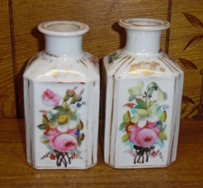 Pair Hand Painted Old Paris Porcelain Perfume Bottles - No Stoppers - 6"