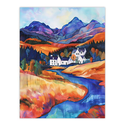 Glencoe Mountain Cottages Scottish Landscape Wall Art Poster Print