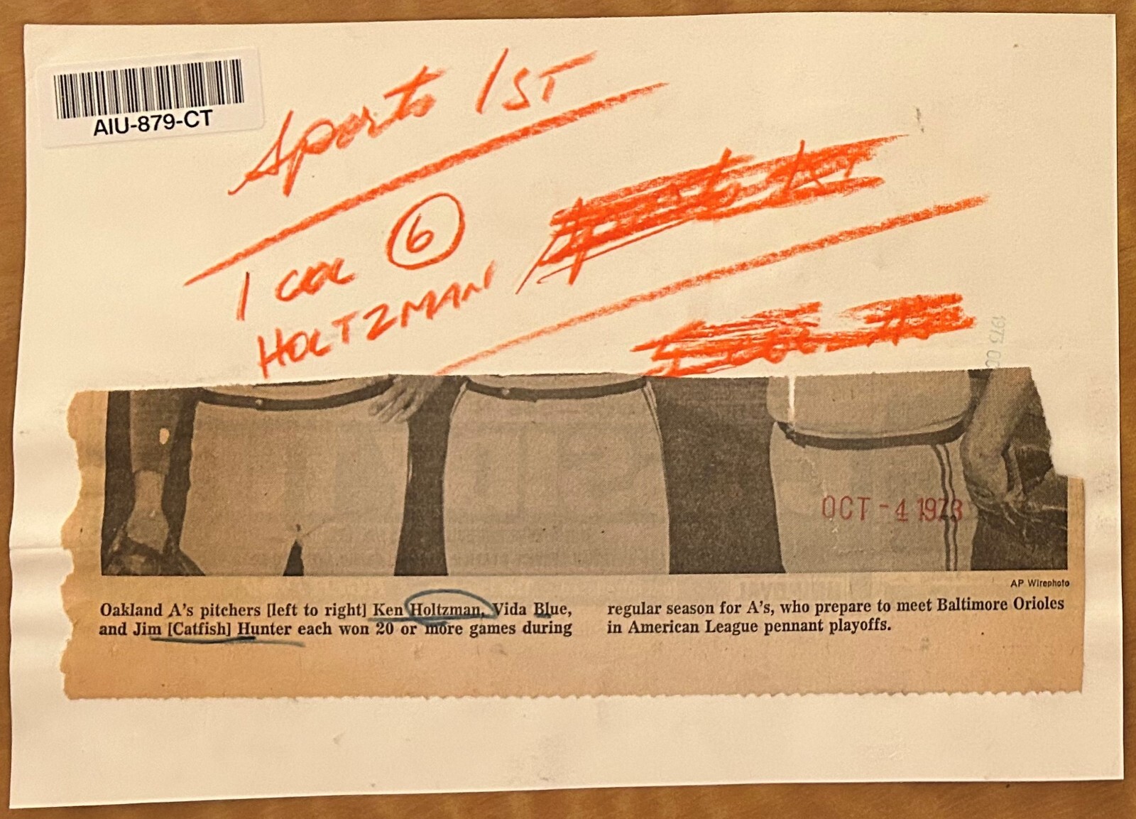 1973 PhotoOakland A's Ken Holtzman Vida Blue Catfish Hunter 20 Game