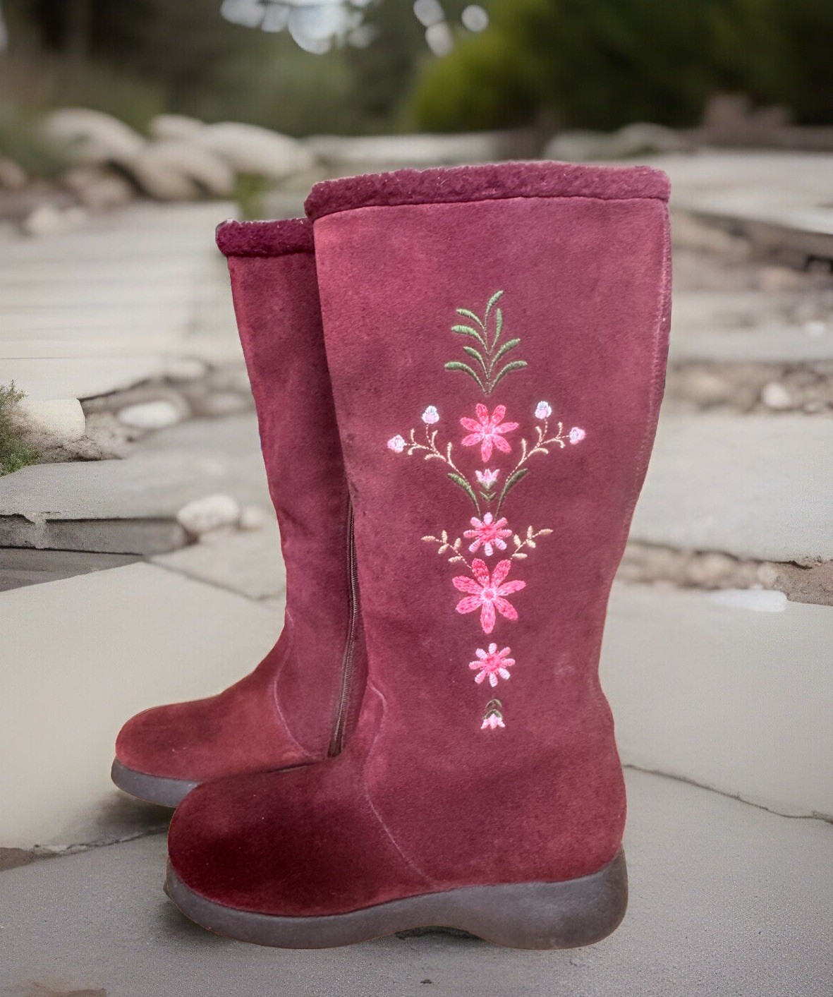 Vintage Embroidered Boots, Size 6, Floral Folk, from Next, Burgundy Suede - Rare