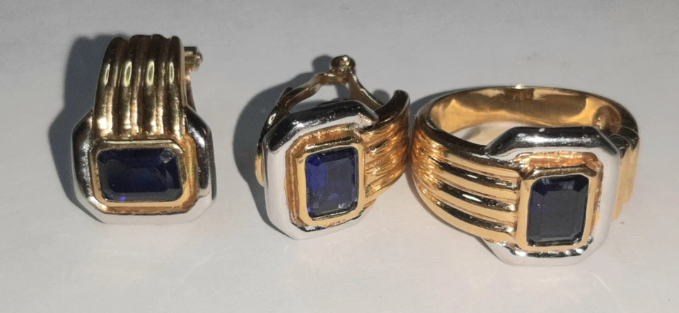 Parure Anello e orecchini zaffiro argento vermeil francia 1950s - Immagine 3 di 4