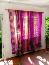 2 Pc Indian Old Recycle Silk Saree Boho Multi Curtain Door Drape Decor Curtain
